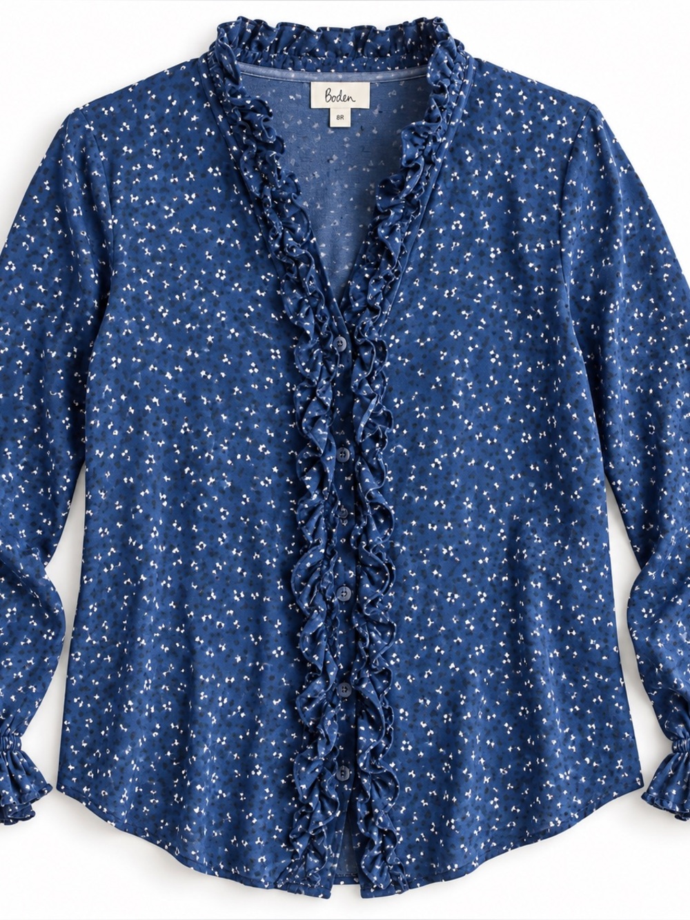 Boden Blue Floral Ruffle Front Blouse 8R Cotton Modal